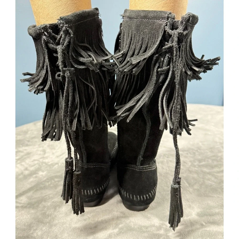 Minnetonka Boots Womens 5 Black Suede Fringe 3 Layer Moccasin Mid Calf